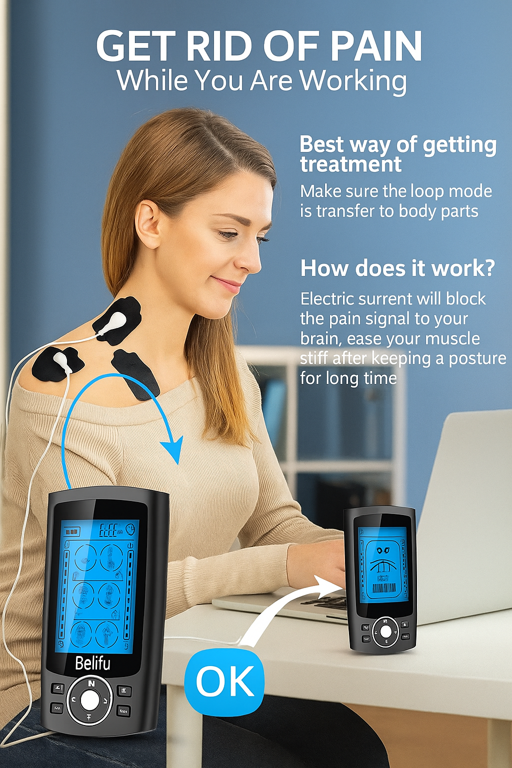 Power/Spec: Dual-channel TENS + EMS with 24 modes.
Usage Time: Up to 8 hours per charge.
Price Range: $40-$50.
Warranty/Support: Standard Amazon return policy.