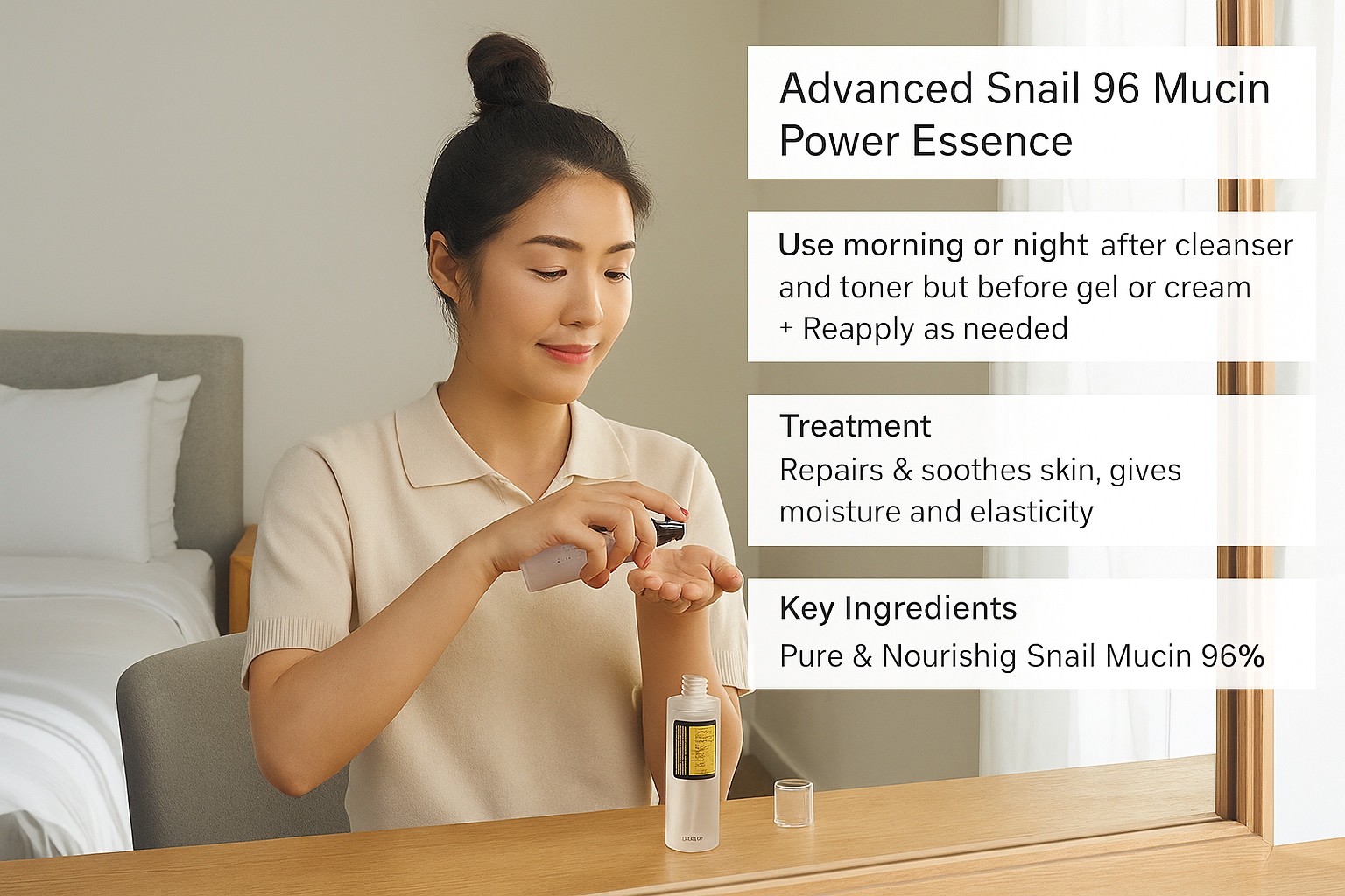 Power/Spec: 96.3% snail mucin filtrate. Lightweight, fragrance-free essence.
Usage Time: Use twice daily after toner. Absorbs in under 1 minute.
Price Range: $15–$23 USD (100 ml).
Warranty/Support: Support from U.S. sellers in CA and TX. Free returns within 30 days.
Best for: Boosting hydration before using the best skin tightening device.
Setup Time: Instant application. No tools needed.
Wavelengths: Not applicable (topical product).