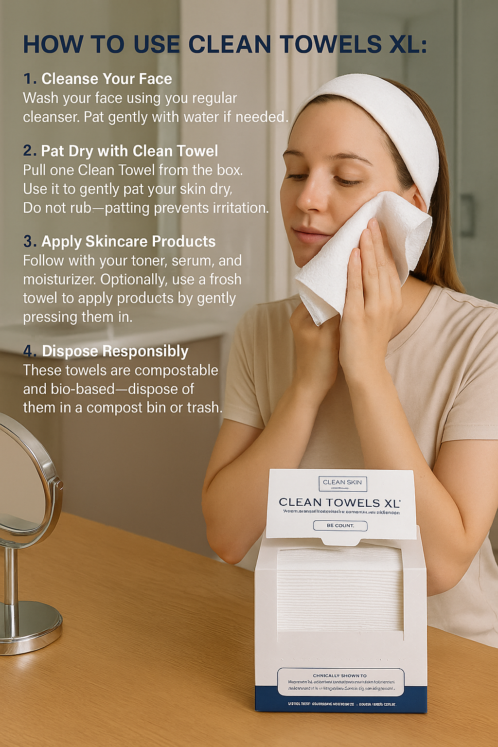 Power/Spec: Disposable, extra-large biodegradable face towels.
Usage Time: One-time use per towel. Great for morning/night routines.
Price Range: $18–$24 for a 50-count box.
Warranty/Support: Satisfaction guarantee. U.S. fulfillment warehouses in NJ, CA, and WA.
Best for: Those using best at home radiofrequency device and wanting a hygienic drying option.
Setup Time: Instant use—just pull from box.
Wavelengths: Not applicable (manual use towels).