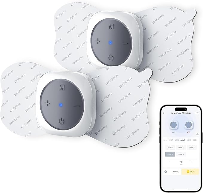 Power/Spec: 30 modes; dual channel.
Made In: China.
Price Range: $32–$43.
Warranty/Support: 1-year warranty; Amazon customer care.
Best For: Customized therapy sessions.
Setup Time: ~5 minutes with app install and pad placement.
Battery Type: Built-in rechargeable battery (~6hrs per charge).
Use Case: Custom pain relief, sports recovery, cramps.