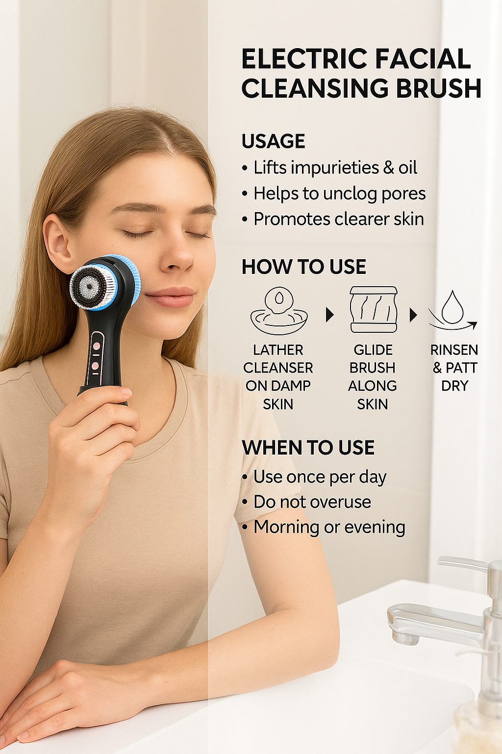 Power/Spec: USB rechargeable. 5 adjustable speeds. Sonic vibration technology.
Usage Time: Up to 3 weeks per full charge (daily use).
Price Range: $26–$35 USD.
Warranty/Support: 12-month warranty. Support centers available in TX and FL.
Best for: Deep pore cleaning before using the best face firming device.
Setup Time: Less than 1 minute. Ready out of the box.
Wavelengths: Not applicable (cleansing tool only).