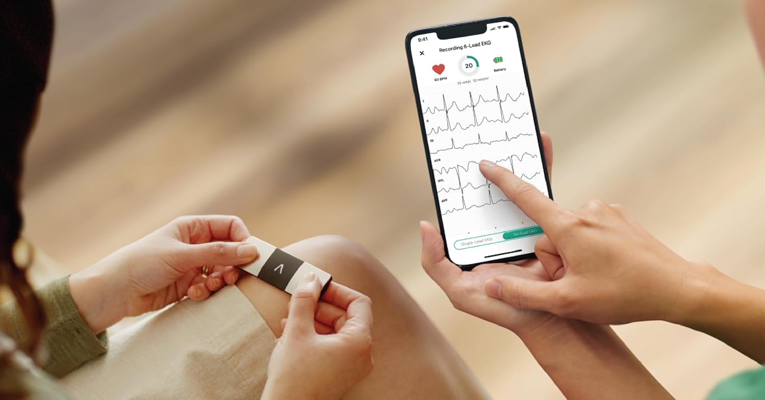 Tech Transparency: Medical-grade 6-lead EKG technology.
Use-Case Focus: Heart rhythm monitoring at home.
Feedback Style: Real-time digital readings via app.
Warranty/Support: 1-year limited warranty.
Research-backed Rating: FDA-cleared and clinically validated.
Setup Time: Under 2 minutes.
Progress Tracking: Stores readings and trends within the app.