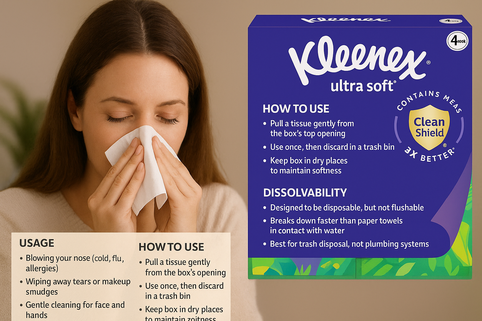 Best Usage: Allergy and cold seasons.
Ingredients: Premium pulp fibers.
Price Range: $12 to $18 per 6-pack.
Smell: Mostly unscented.
Layers: 2-ply.
Softness: Ultra soft feel.
Dissolvability: Not designed for septic tanks.