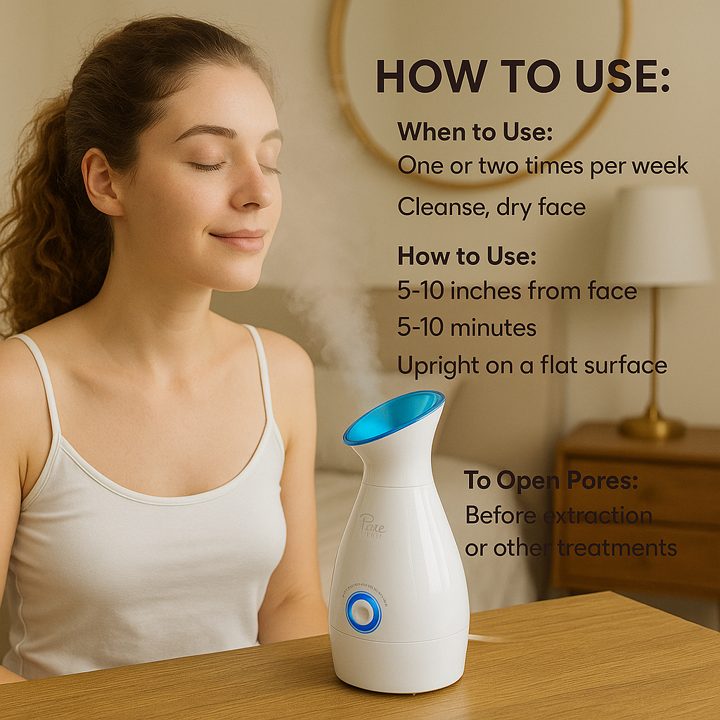 Power/Spec: 280W. Produces ionic steam + humidifier function.
Usage Time: Up to 30 minutes per tank fill. Auto shut-off.
Price Range: $69–$79 USD.
Warranty/Support: 1-year warranty. 24/7 Amazon U.S. customer support. Ships from multiple states including WA and FL.
Best for: Prepping skin for RF therapy. Hydrating dry, dull skin. Great for the whole family.
Setup Time: Under 1 minute. Fill tank, plug in, ready to go.
Wavelengths: Not applicable (steam only, no LED light).