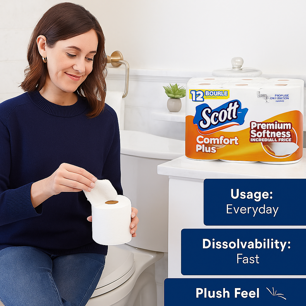 Best Usage: Septic-safe, absorbent daily use.
Ingredients: Premium pulp fibers.
Price Range: $24 to $31 per 12-roll pack.
Smell: Unscented.
Layers: 2-ply.
Softness: Thick and soft.
Dissolvability: Fast septic-safe dissolving.