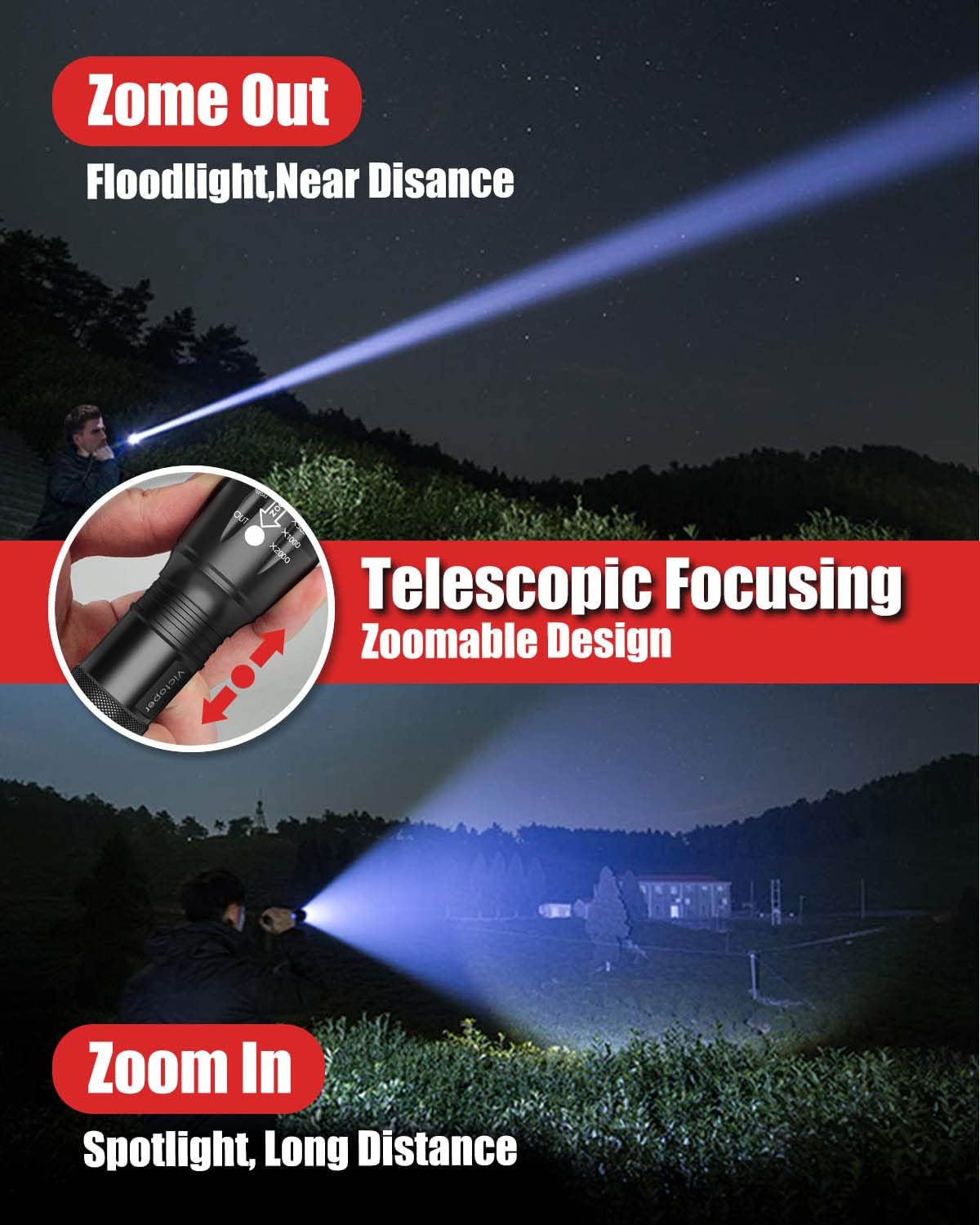 Power/Spec: 1500 lumens, zoom, 5 modes.
Made In: Designed in USA.
Price Range: $38–$45 for 2-pack.
Warranty/Support: 18-month U.S. Amazon support.
Best For: Car, camping, home backup.
Setup Time: 2 min (battery insert).
Lumens: 1500.
Battery Type: 2× AA rechargeable (not included).
Use Case: EDC, outdoor, emergency kits.