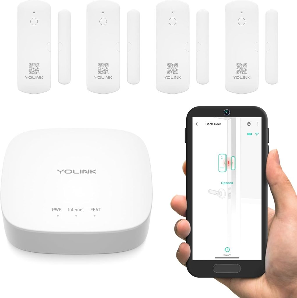 Brand: YoLink. Indoor/Outdoor: Indoor sensors, indoor hub. Price Range: $90–$120 starter kit. Warranty/Support: 1‑year US-based support. Power/Battery Efficiency: 3-year battery life. Best Placement: Front/side doors, remote rooms. Battery Type: CR2032. Sustainability & Safety: Low-energy operation and recyclable cells.