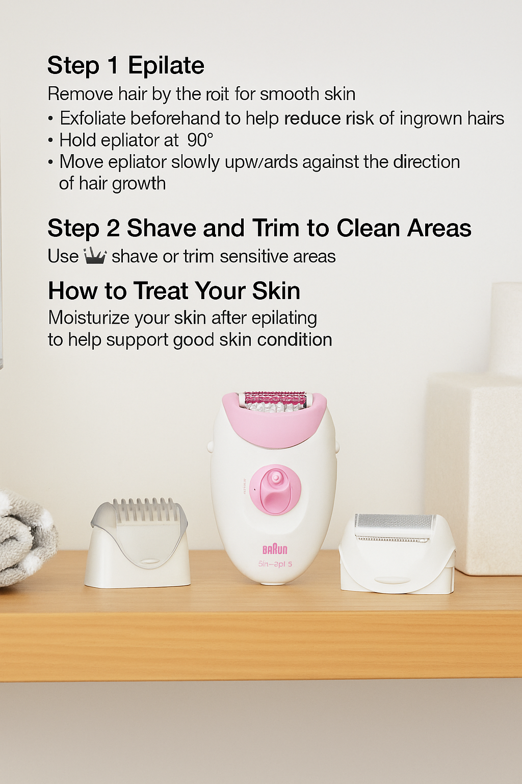 Power/Spec: 20-tweezer epilator, corded.
Usage Time: 20 min for legs.
Price Range: $59–$69.
Warranty/Support: 1-year US warranty.
Best for: Legs, arms, bikini.
Setup Time: 2 minutes.
Cooling System: None.
Flash Count: Not applicable.
