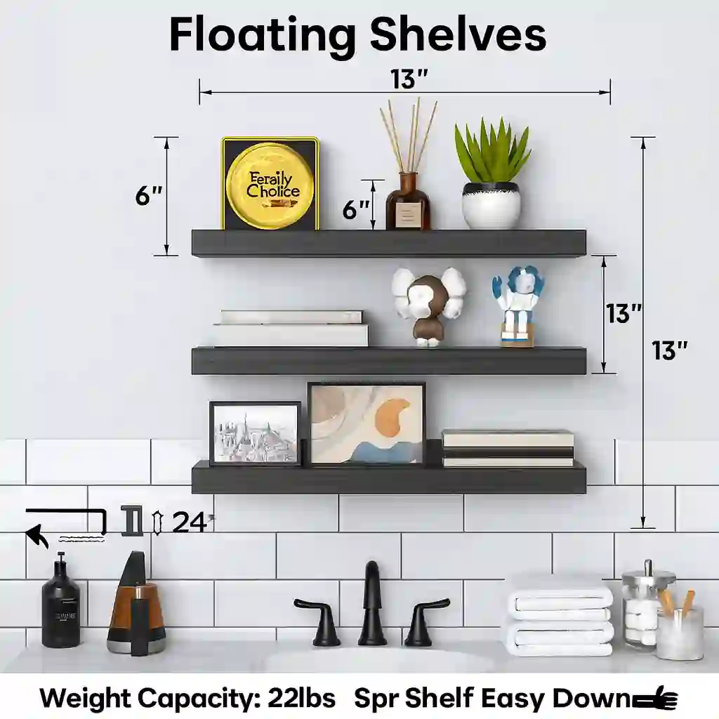Power/Spec: Pine wood.  Made In: China.  Best For: Small to medium bathrooms.  Setup Time: 15 minutes.  Price Range: $25–$40.  Warranty/Support: Standard limited warranty.  Battery Type: None.  Use Case: Floating storage and decorative display.