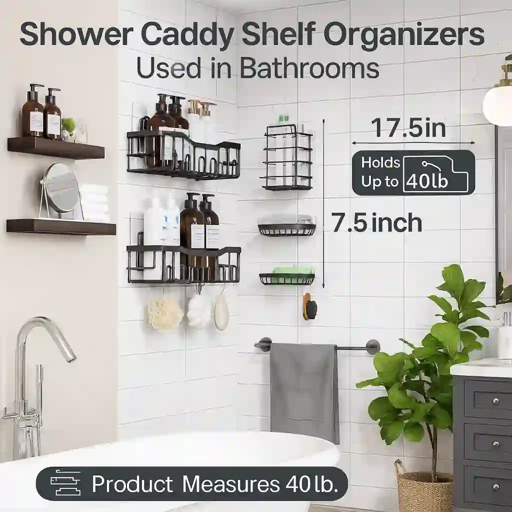 Power/Spec: Stainless steel.  Made In: China.  Best For: Bathroom storage.  Setup Time: 5 minutes.  Price Range: $18.99–$22.99.  Warranty/Support: Standard limited warranty.  Battery Type: None.  Use Case: Wall-mounted shower storage.