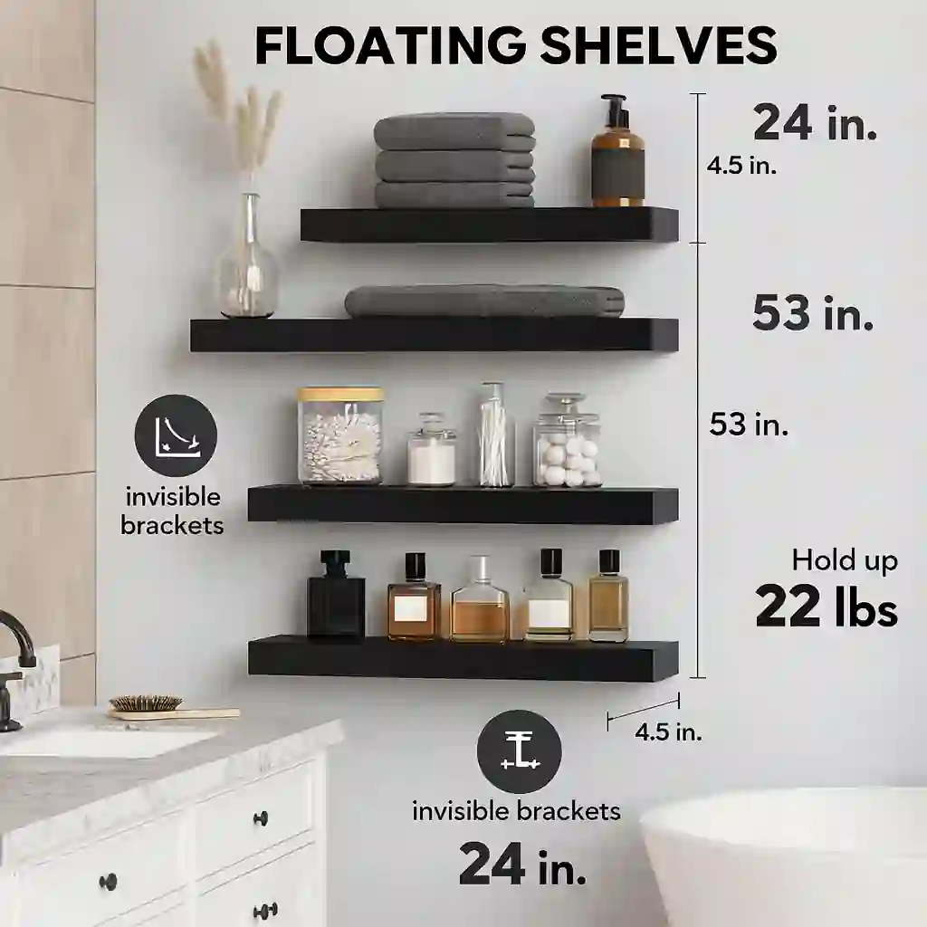 Power/Spec: MDF with moisture coating.  Made In: China.  Best For: Small and medium bathrooms.  Setup Time: 15–20 minutes.  Price Range: $20–$40 depending on size.  Warranty/Support: Standard coverage.  Battery Type: None.  Use Case: Floating wall storage and decoration.