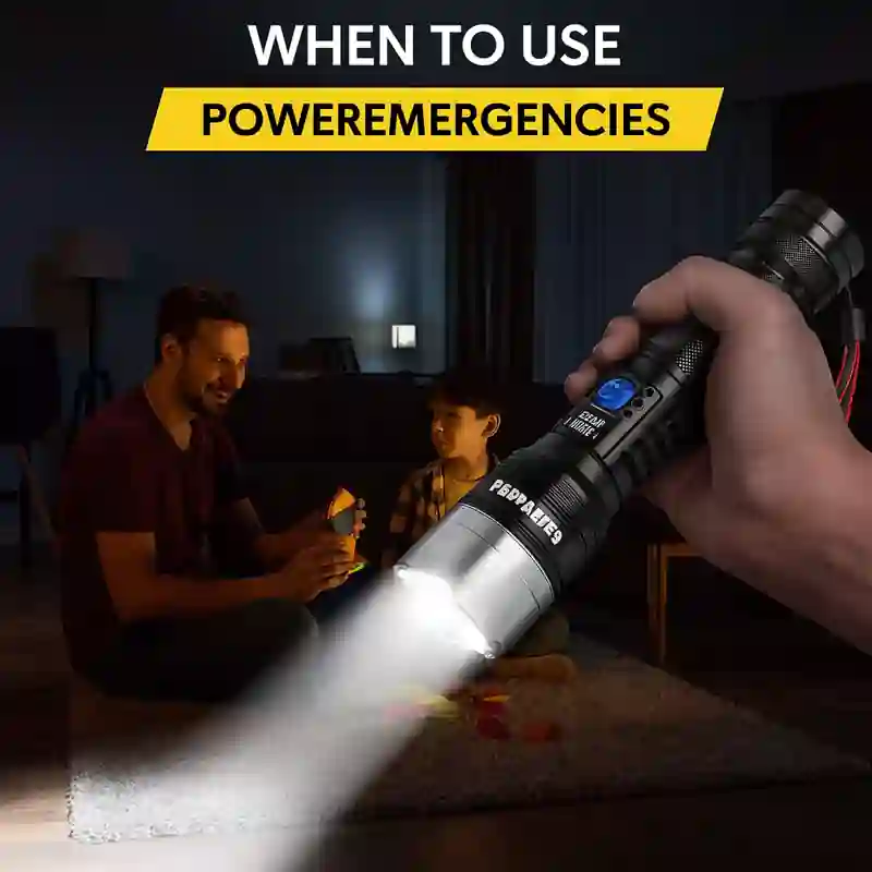 Power/Spec. 10,000 claimed lumens. Made Ins. Imported. Price Range. $35 to $70 per unit. Warranty/Support. Brand or seller dependent. Best For. Home emergencies, yard checks, camping use. Setup Time. Simple. Battery Type. 26650 or dual 18650 rechargeable cells. Use Case. Standby lighting, outdoor visibility, blackout kits.