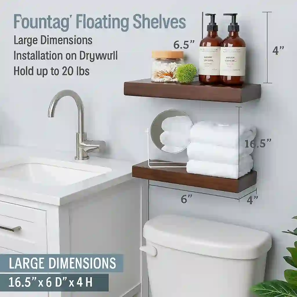 Power/Spec: Solid walnut wood.  Made In: USA.  Best For: Premium bathroom remodels.  Setup Time: 20–30 minutes.  Price Range: $65–$120  Warranty/Support: Standard coverage.  Battery Type: None.  Use Case: Decorative and functional wall shelving.