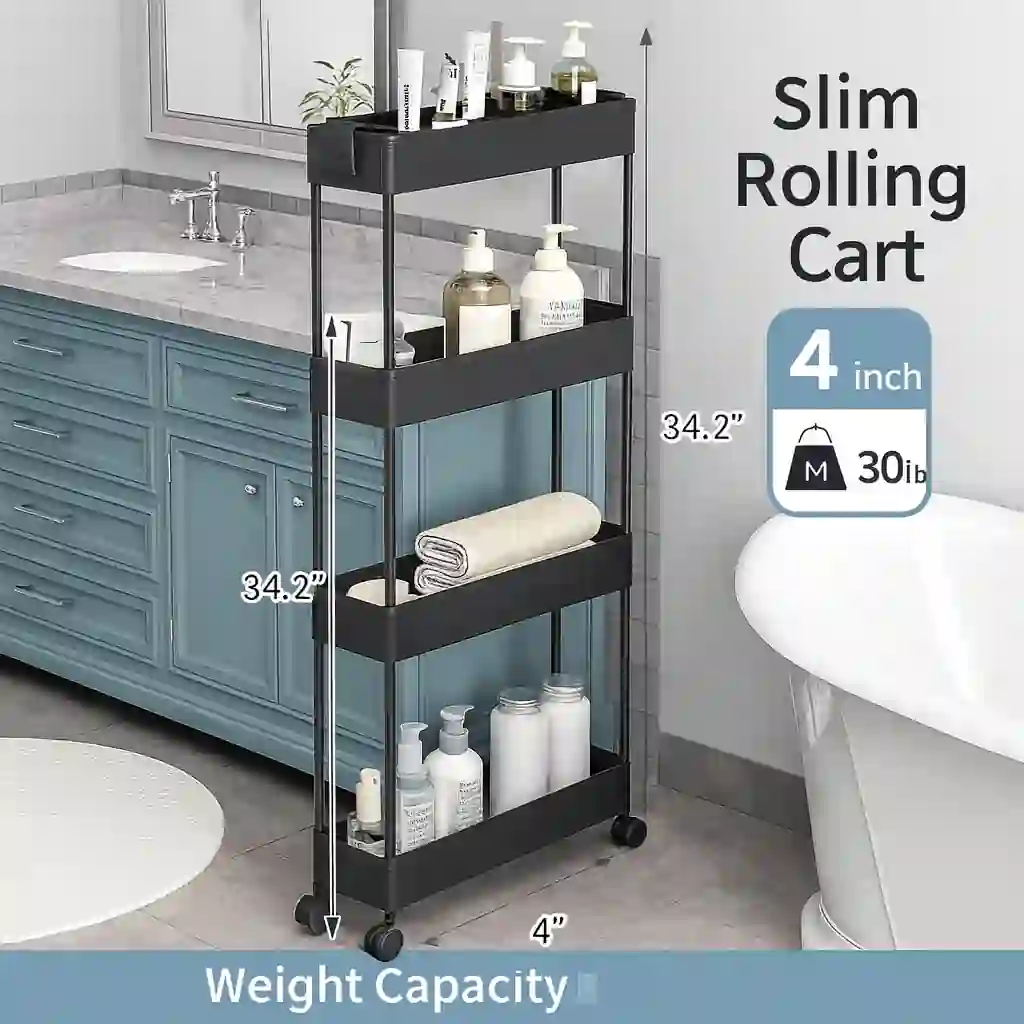 Power/Spec: Plastic with metal frame.  Made In: China.  Best For: Small and narrow bathrooms.  Setup Time: 10–15 minutes.  Price Range: $30–$50.  Warranty/Support: Standard coverage.  Battery Type: None.  Use Case: Movable vertical storage solution.