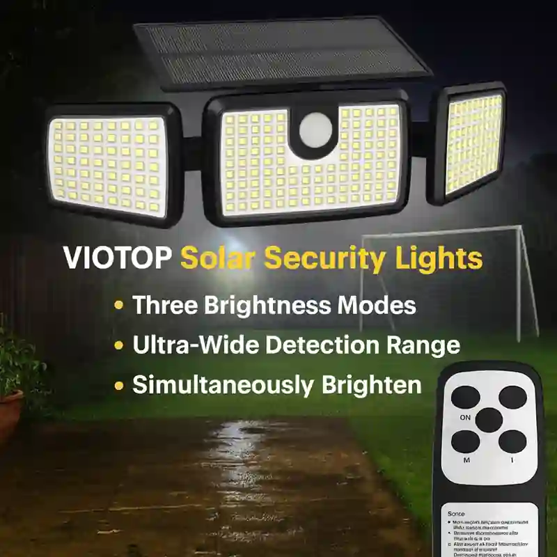 Power/Spec: 800 lumens. Made In: China. Best For: Outdoor security, decks, entryways. Setup Time: 5 minutes. Price Range: $30 to $50. Warranty/Support: One-year warranty. Battery Type: Solar rechargeable. Use Case: Home security lighting, outdoor safety, walkways.