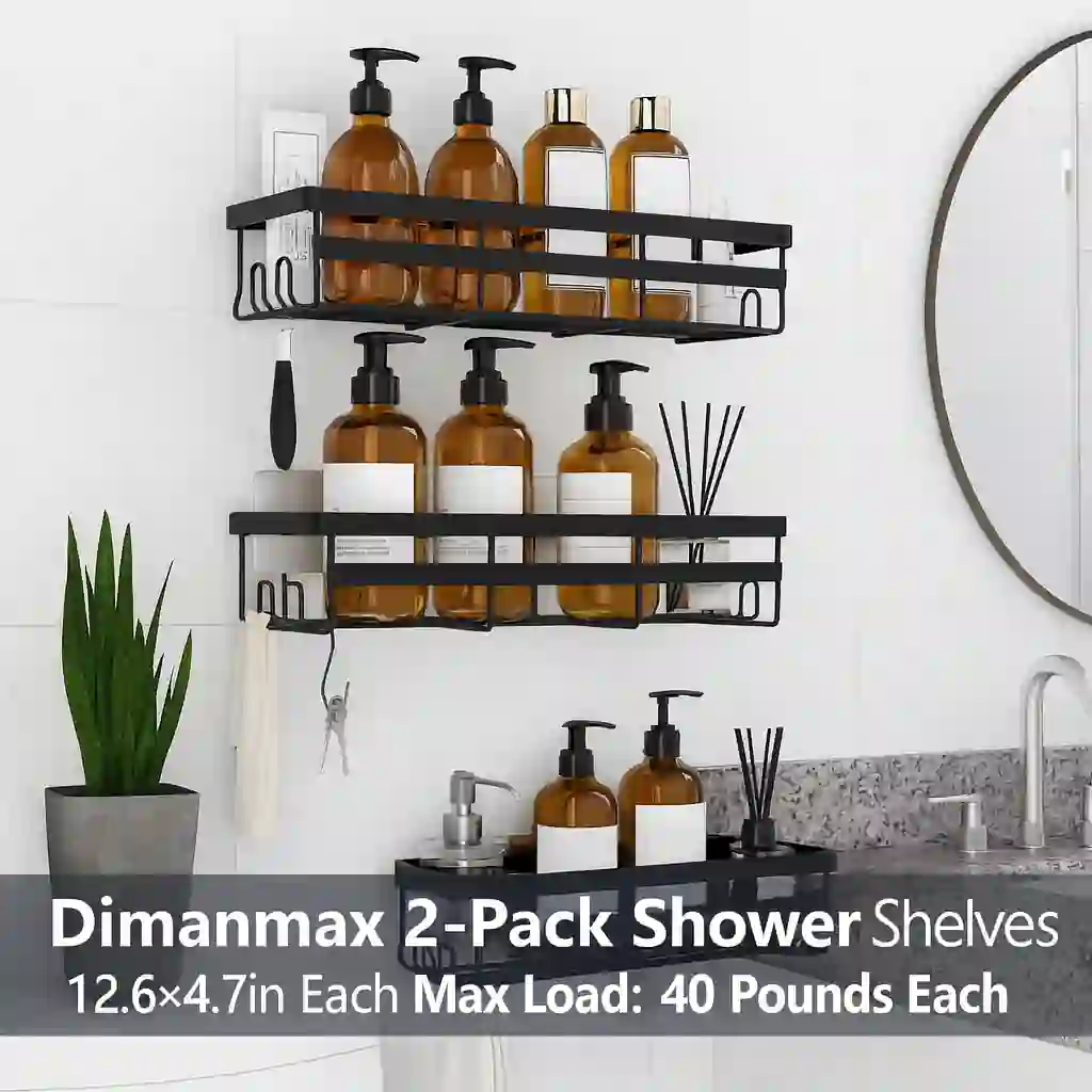 Power/Spec: Stainless steel, rust-resistant.  Made In: China.  Best For: Small and mid-size bathrooms.  Setup Time: 5 minutes.  Price Range: $25–$40 depending on pack.  Warranty/Support: Standard coverage.  Battery Type: None.  Use Case: Adhesive-mounted storage and organization.