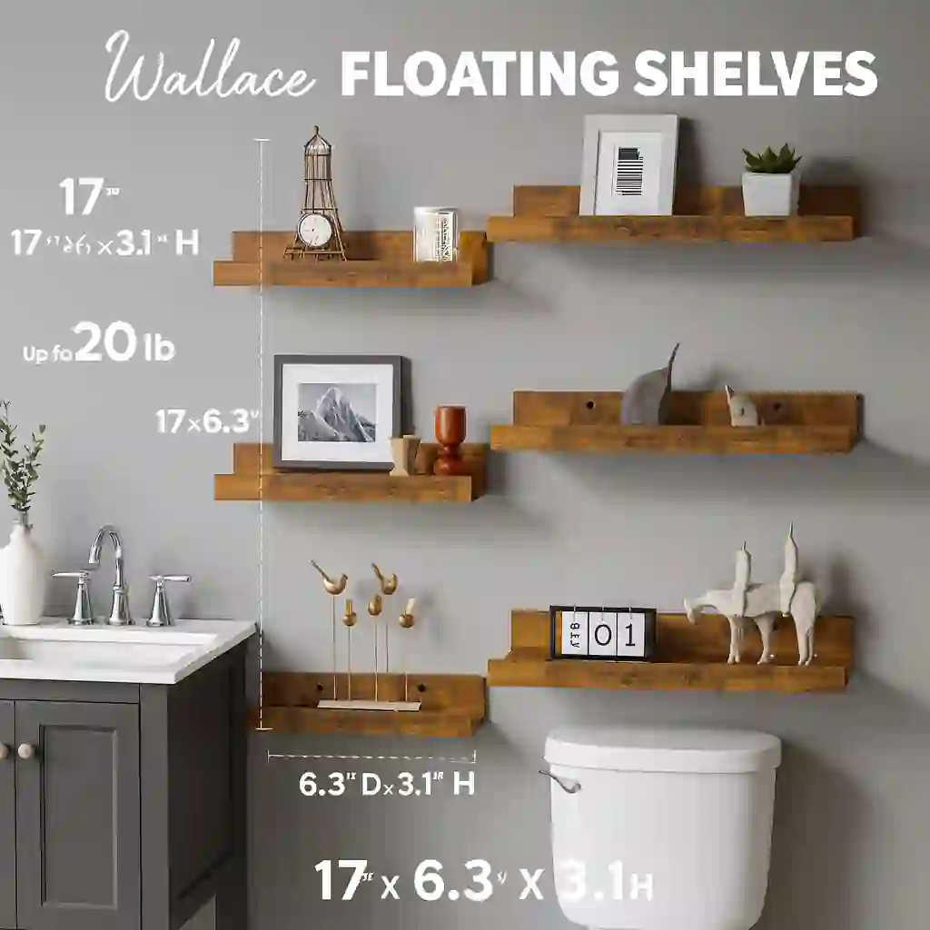 Power/Spec: MDF with moisture protection.  Made In: China.  Best For: Small to medium bathrooms.  Setup Time: 15–20 minutes.  Price Range: $20–$40 depending on size.  Warranty/Support: Standard coverage.  Battery Type: None.  Use Case: Floating wall storage and display.
