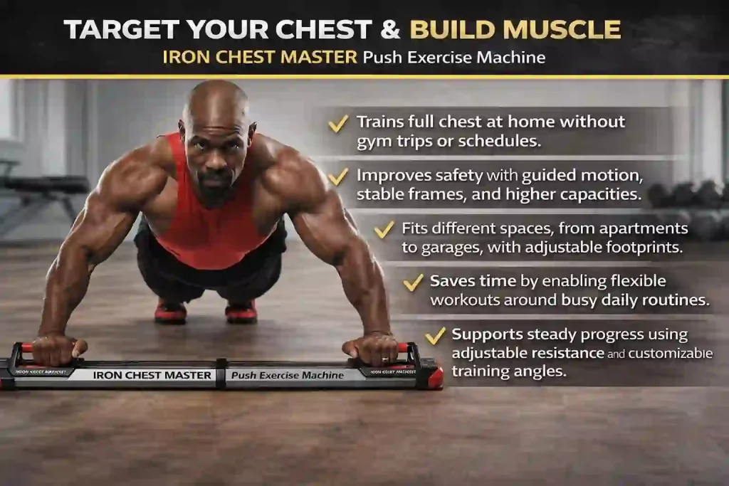 This image shows the product and its benefits: Best Chest Exercise Machine