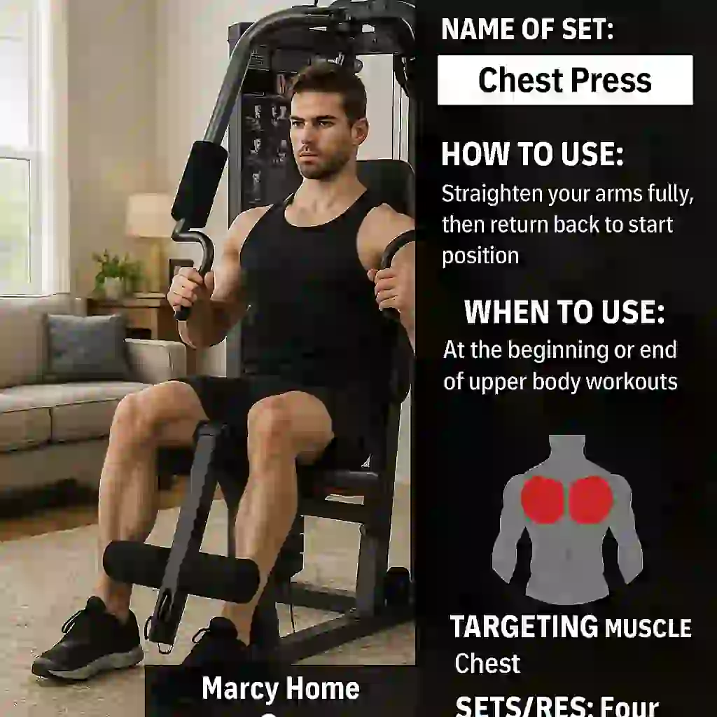 Image is showing the product name and it's usage Best chest exercise machine