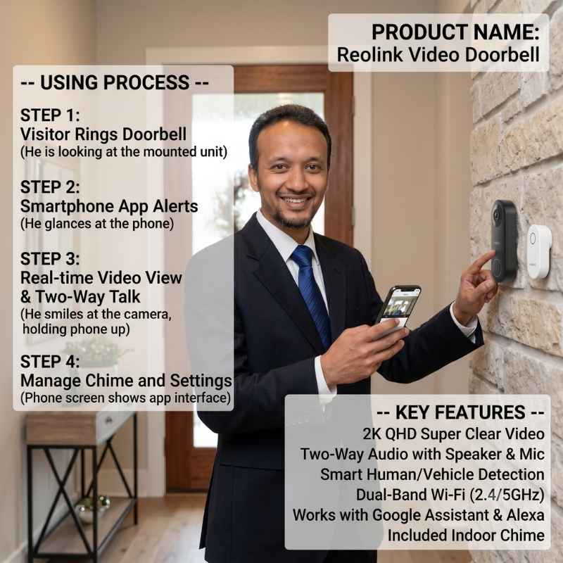 This image shows the product name and its usage. Best doorbell camera without wifi