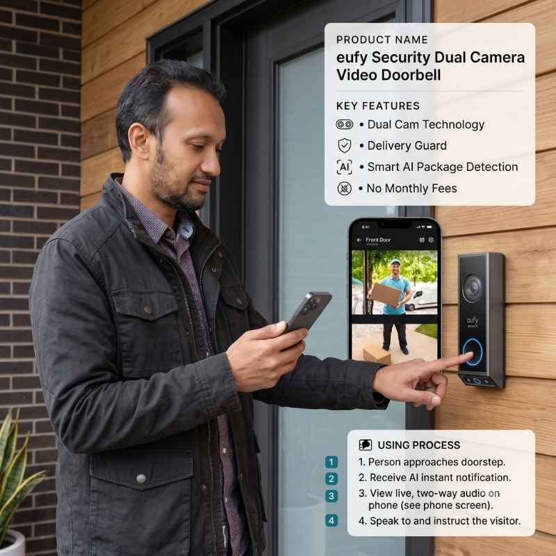This image shows the product name and its usage. Best doorbell camera without wifi